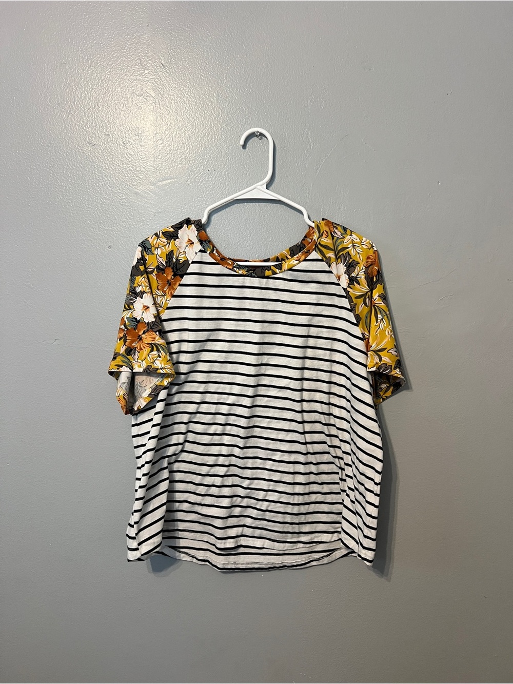 SHEIN Black & White Striped Tee with Yellow Floral Raglan Sleeves